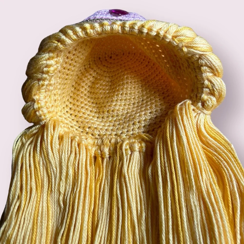 Kids Hand Made Crocheted Yarn Sleeping Beauty Blonde Wig Dress Up Costume - Picture 9 of 12